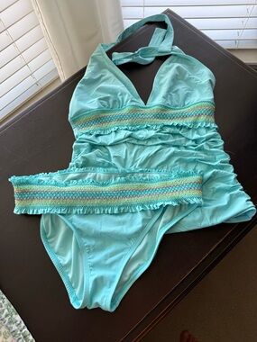 Bleu Rod Beattie Turquoise Ruched Halter Tankini with Smocked Trim